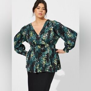 Torrid Satin Surplice Tie Cut Out Back Long Sleeve Blouse M/L